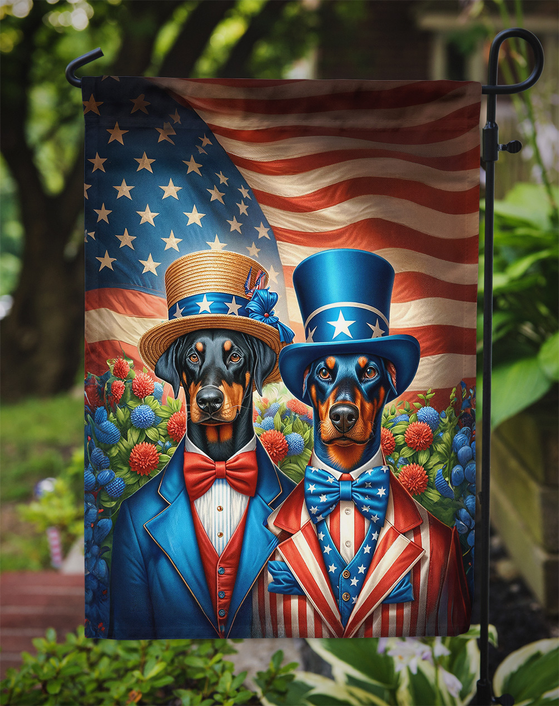 Patriotic Doberman garden flag close-up of two dogs wearing blue top hats