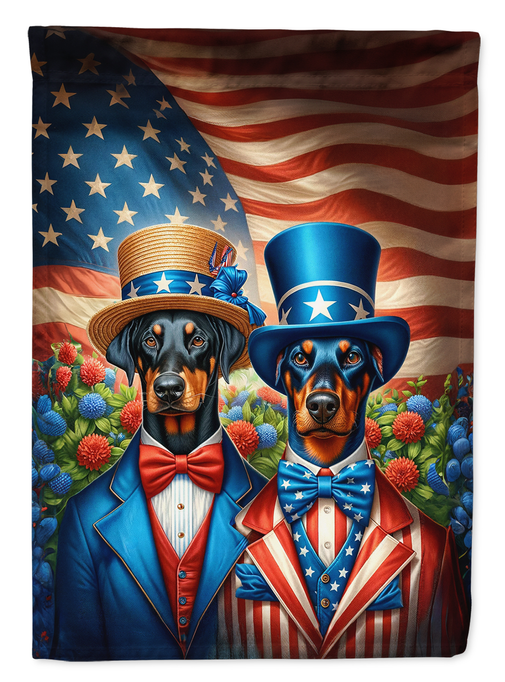 Patriotic Doberman garden flag featuring two dressed dogs against stars and stripes