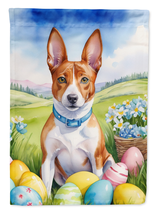 Basenji Easter garden flag close-up with basenji dog and pastel Easter eggs
