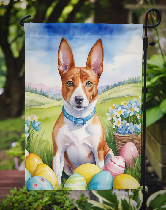 Basenji Easter garden flag on outdoor stake with basenji dog and pastel eggs