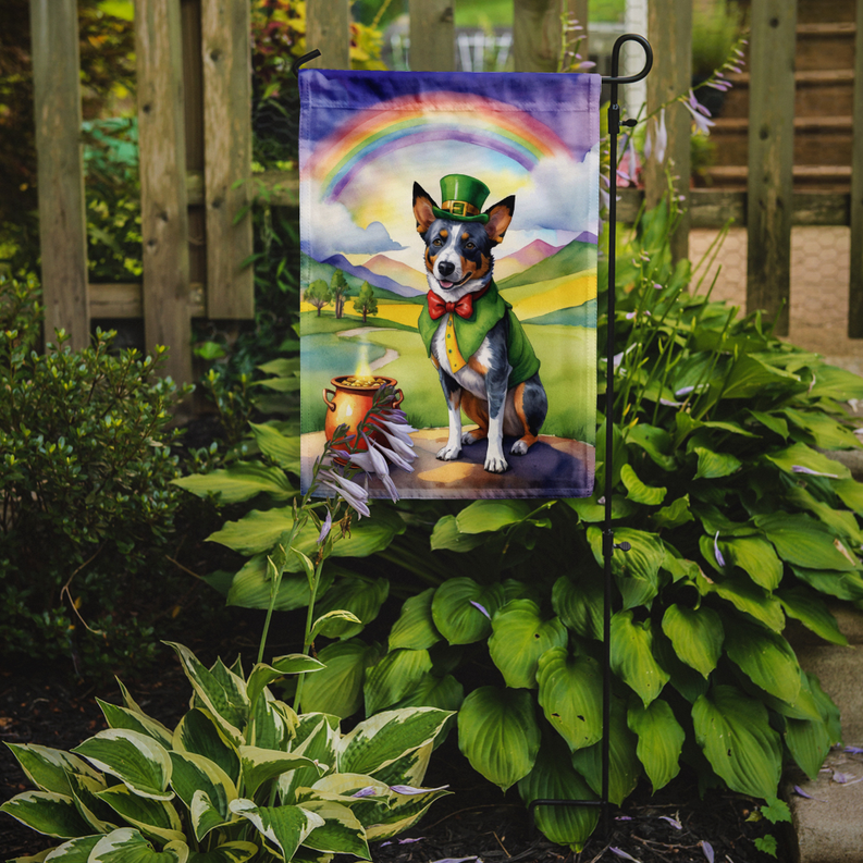 Garden flag on stand with illustrated Australian Cattle Dog in green hat and rainbow