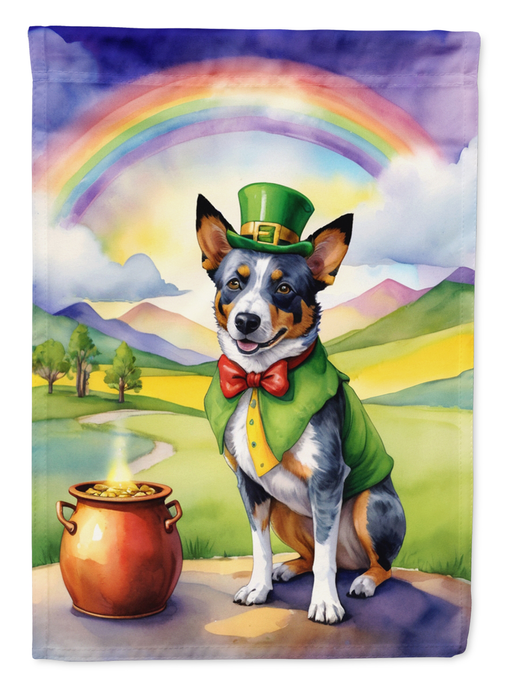 Garden flag close-up of illustrated Australian Cattle Dog with green leprechaun hat and rainbow