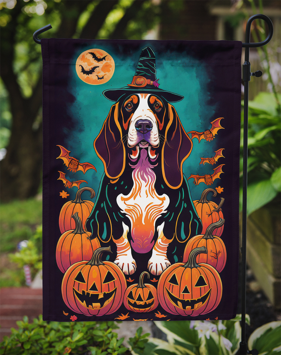Halloween garden flag on stake featuring basset hound witch hat with pumpkins and bats