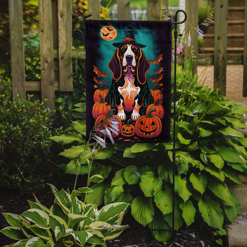 Halloween basset hound garden flag on a stake with pumpkins and bats illustration