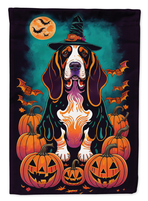 Halloween garden flag with basset hound in witch hat, pumpkins, bats, teal night art