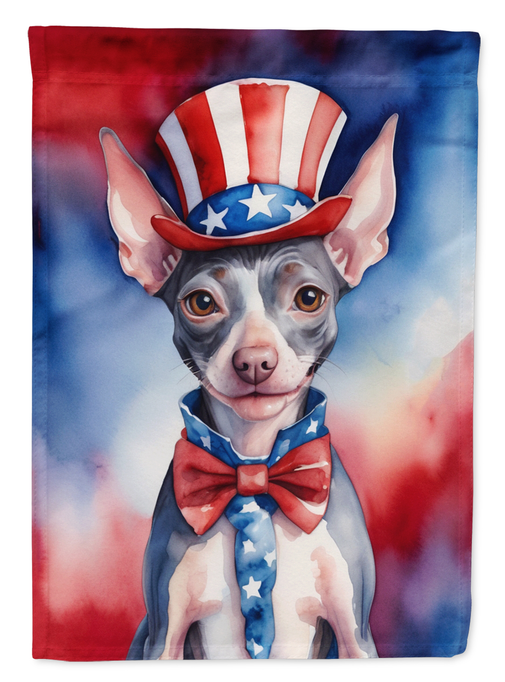 Patriotic garden flag featuring gray terrier in stars hat and blue-red bow tie