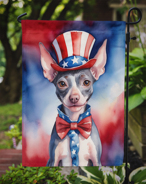 Patriotic garden flag close-up: gray terrier with stars top hat and bow tie