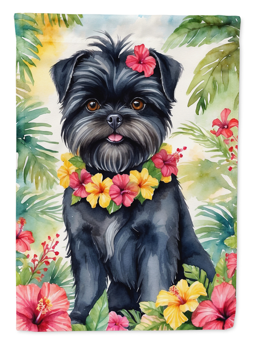 Garden flag with black and white dog wearing a pink and yellow flower lei
