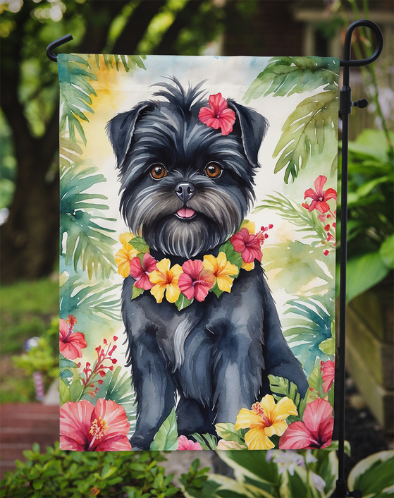 Garden flag on metal stand with black dog and pink and yellow flower lei