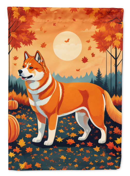 Akita fall house flag featuring an orange Akita dog in an autumn leaves scene