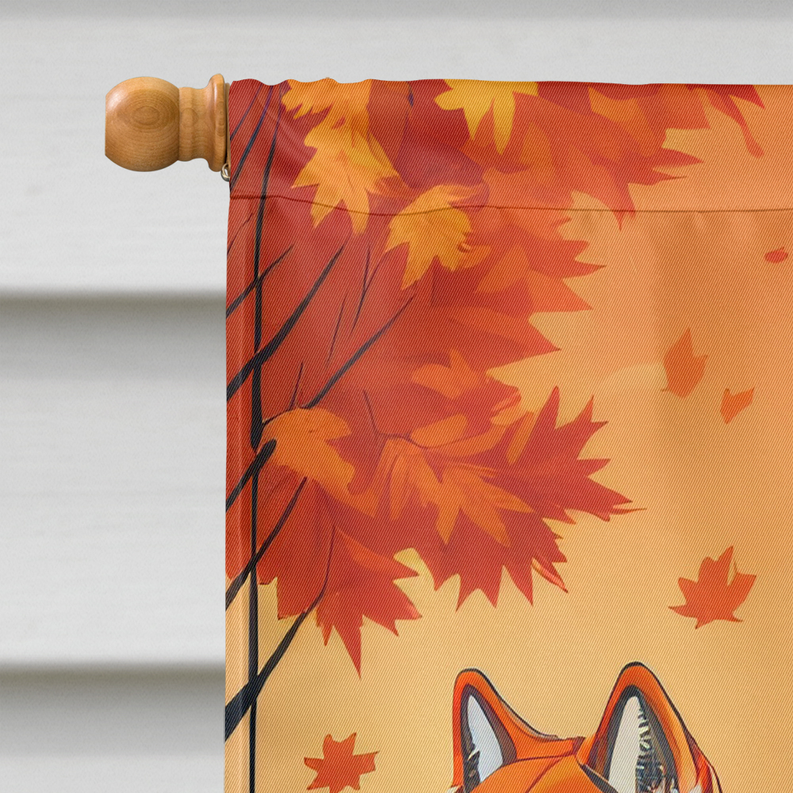 Akita fall house flag close-up with orange autumn leaves and hanging top rope
