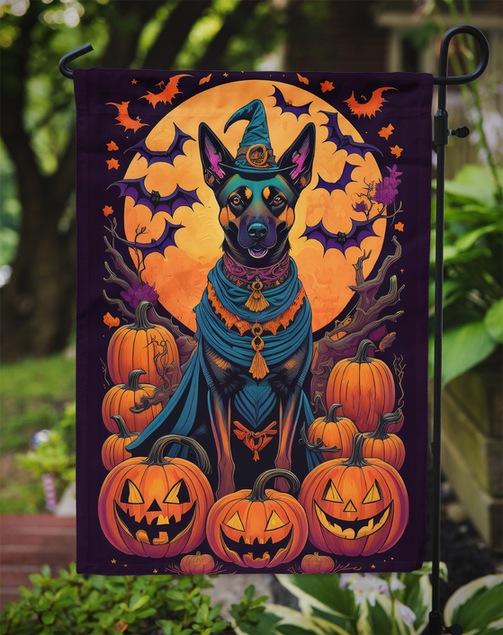 Halloween garden flag on stake with witch-hat Malinois, pumpkins and bats