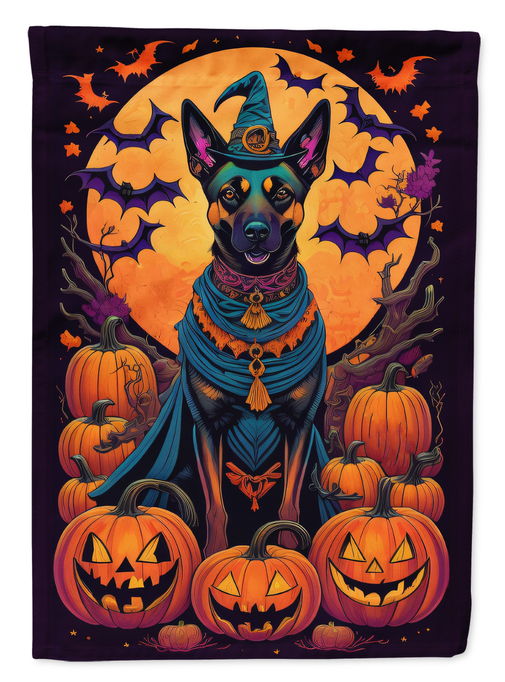 Halloween garden flag featuring witch-hat Malinois dog with pumpkins and bats