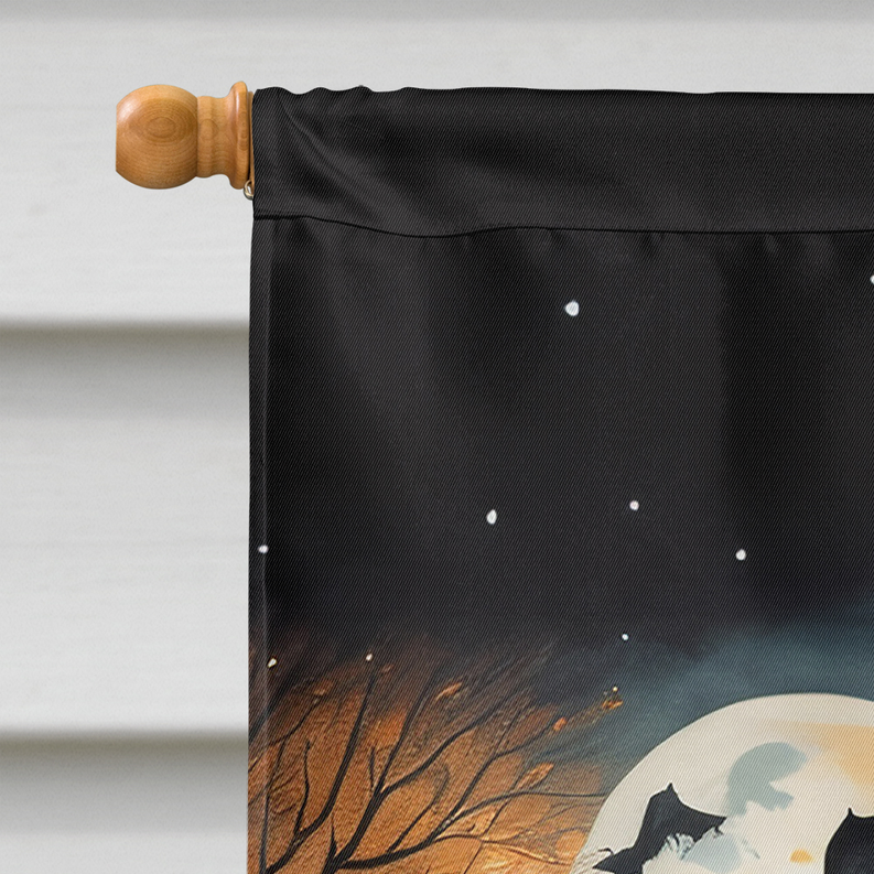 Black Halloween house flag corner with top grommet and moon-and-pumpkin artwork