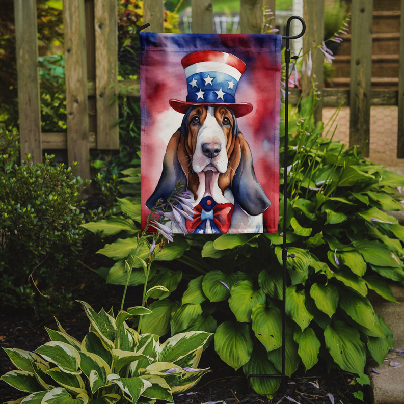 Patriotic garden flag on a stake, basset hound with Uncle Sam hat and bow tie