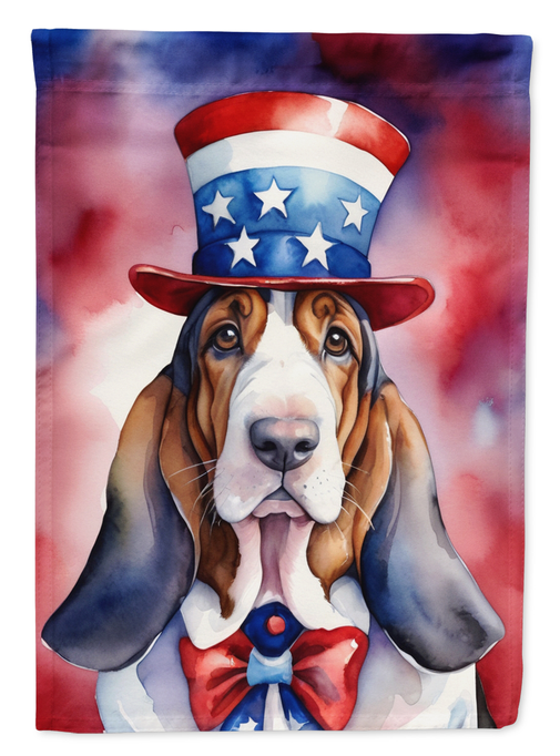 Patriotic garden flag close view of basset hound with Uncle Sam hat and bow tie
