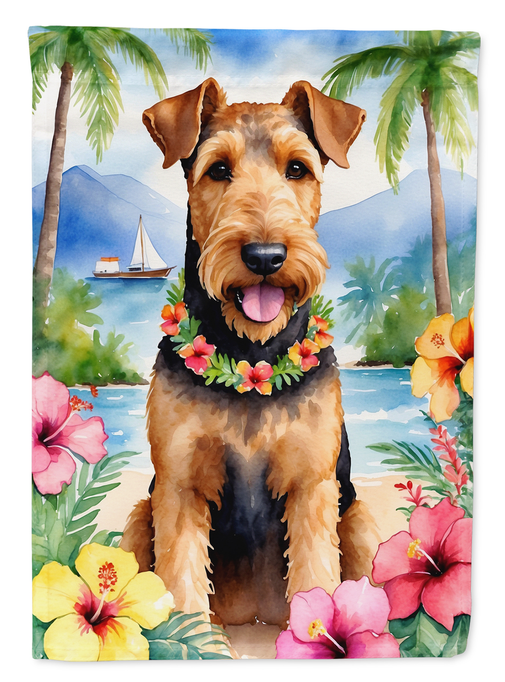Luau garden flag close-up of airedale terrier with colorful flower lei and beach scene