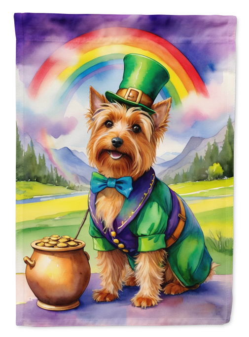 Australian Terrier St. Patrick's Day garden flag featuring terrier in green hat and coat