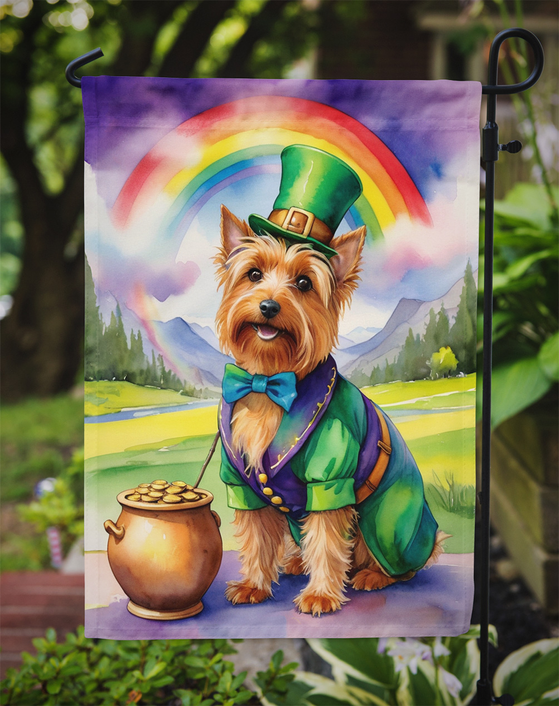 Australian Terrier St. Patrick's Day garden flag on stake with rainbow sky and cauldron
