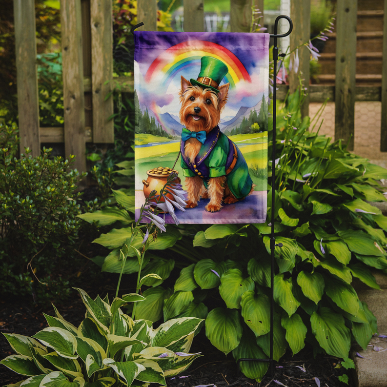 Australian Terrier St. Patrick's Day garden flag with dressed dog beneath a rainbow