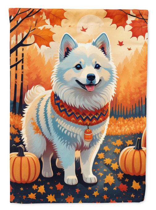 Fall garden flag laid flat with husky dog center, orange leaves, and pumpkins