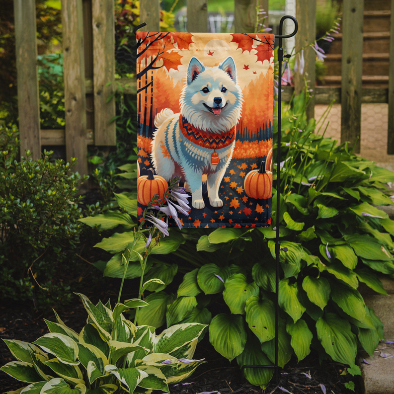 Fall garden flag featuring smiling husky dog, autumn trees, leaves, and pumpkins