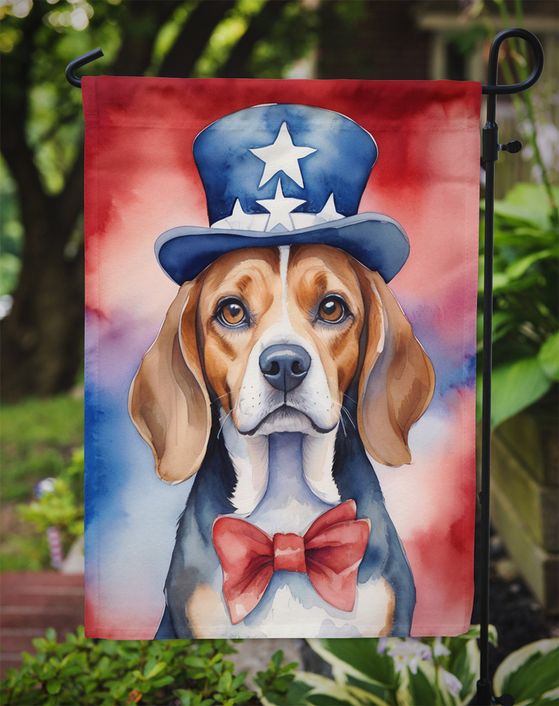 Patriotic beagle garden flag hanging on a garden stand
