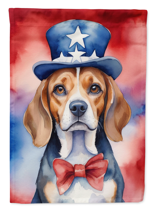 Patriotic beagle garden flag with blue star hat and red bow, close-up