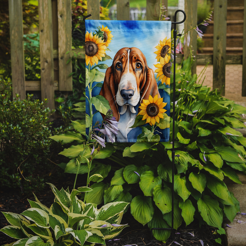 Basset hound garden flag with sunflowers on blue sky, held by black hanging hook
