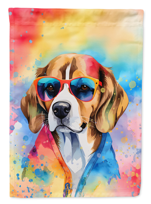 Beagle portrait garden flag with multicolor watercolor background and colorful sunglasses