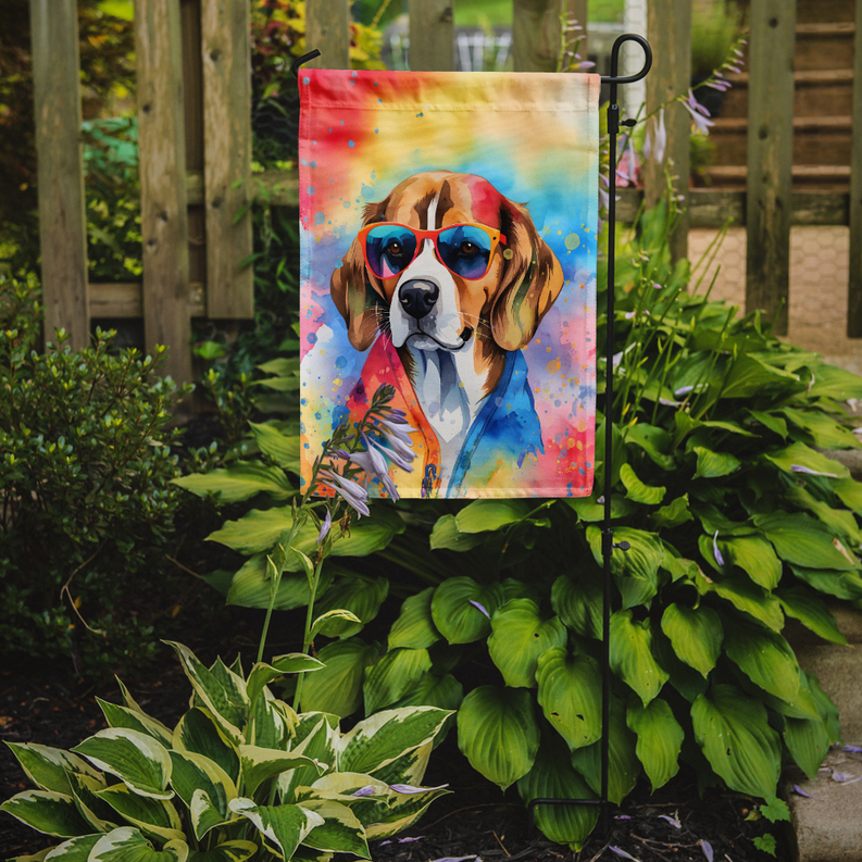Beagle portrait garden flag on a black pole with rainbow watercolor splatter design