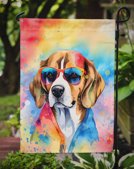 Beagle portrait garden flag with rainbow watercolor splatters and blue sunglasses