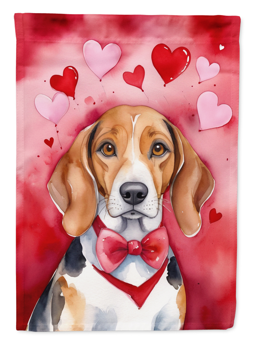 Valentine beagle garden flag close-up with hearts and red-pink watercolor