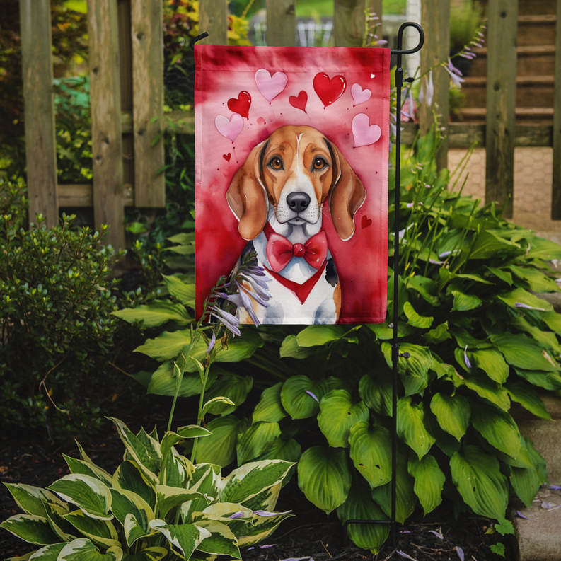 Valentine beagle garden flag on stake, hearts and red-pink design