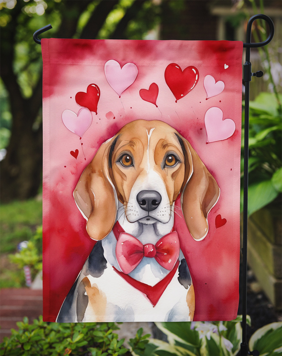 Valentine beagle garden flag with heart balloons, red-pink watercolor
