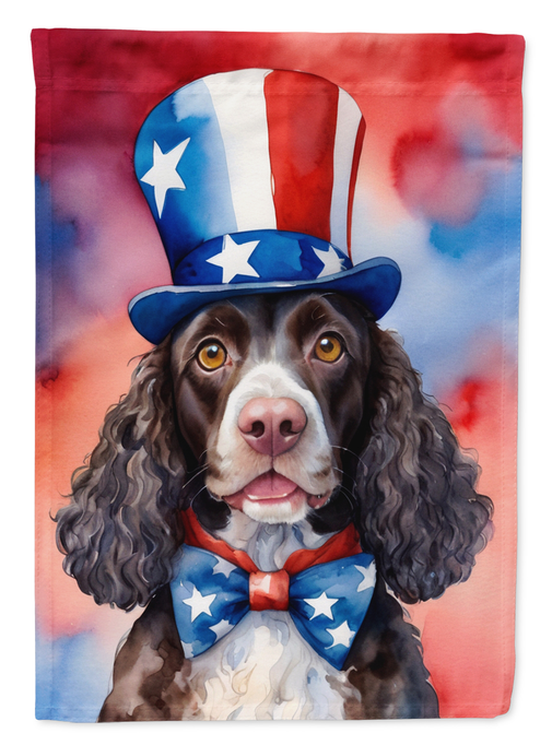 Patriotic garden flag with American Water Spaniel portrait wearing star bow and hat