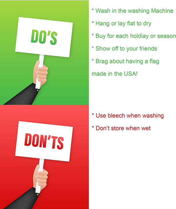 Patriotic garden flag care instructions with DO’S and DON’TS