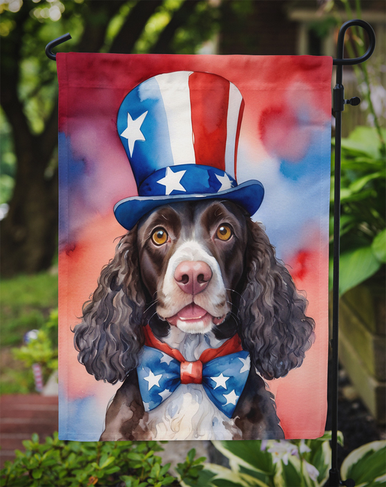 Close-up patriotic garden flag with American Water Spaniel portrait and star bow