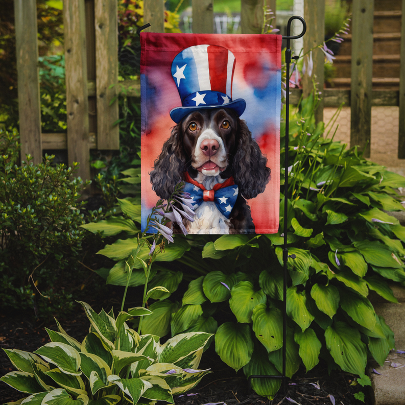 Patriotic garden flag featuring an American Water Spaniel in a starry top hat