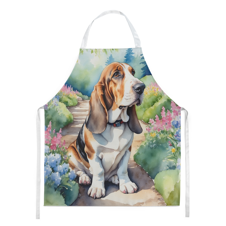 Garden dog bib apron with basset hound illustration and colorful flower background