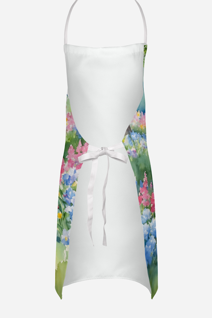 Back view of garden dog apron with white center panel and floral side panels
