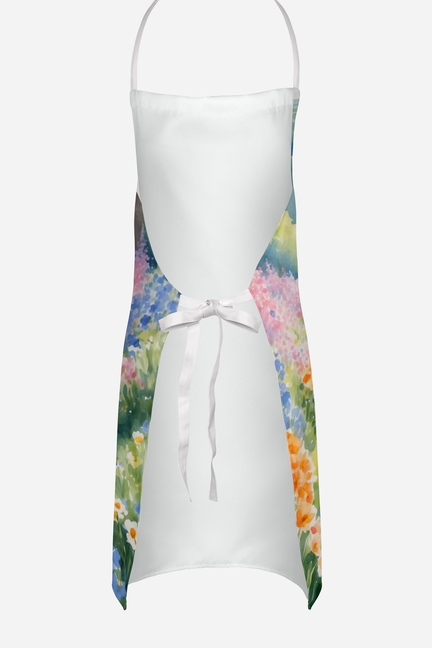 Apron front with tied waist and white top, watercolor flowers and green-blue border