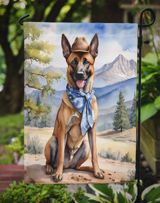 Belgian Malinois welcome garden flag with cowboy hat and blue bandana in scenic desert