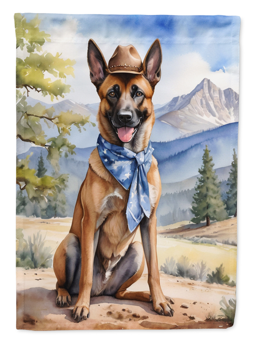 Belgian Malinois cowboy welcome garden flag featuring mountain landscape and blue bandana