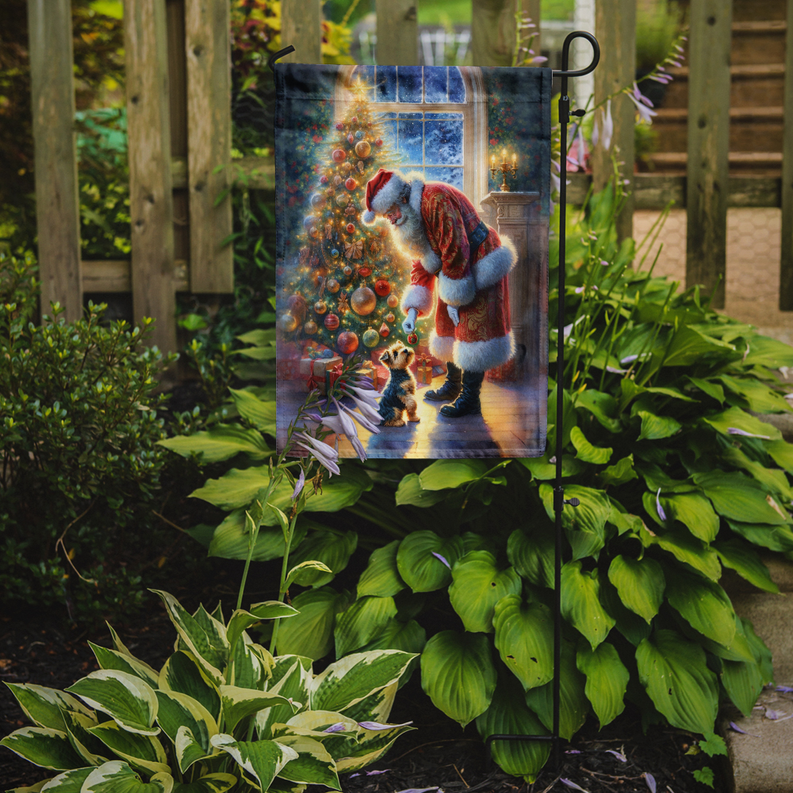 Christmas garden flag on yard stake with Santa dog and decorated tree