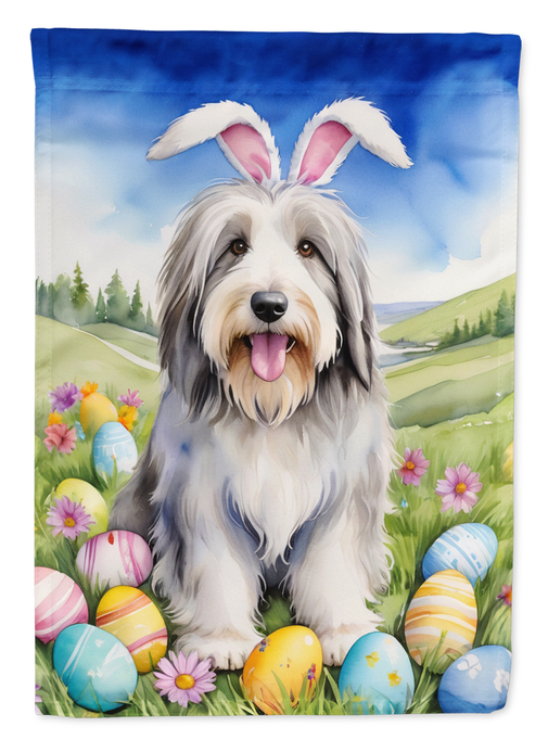 Bearded collie Easter garden flag featuring smiling dog and pastel Easter eggs