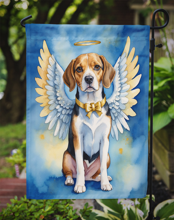 Beagle angel garden flag close-up with beagle portrait, wings, and gold bow