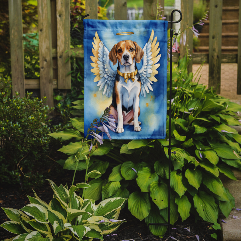 Beagle angel garden flag on stake with blue angel wings and gold bow