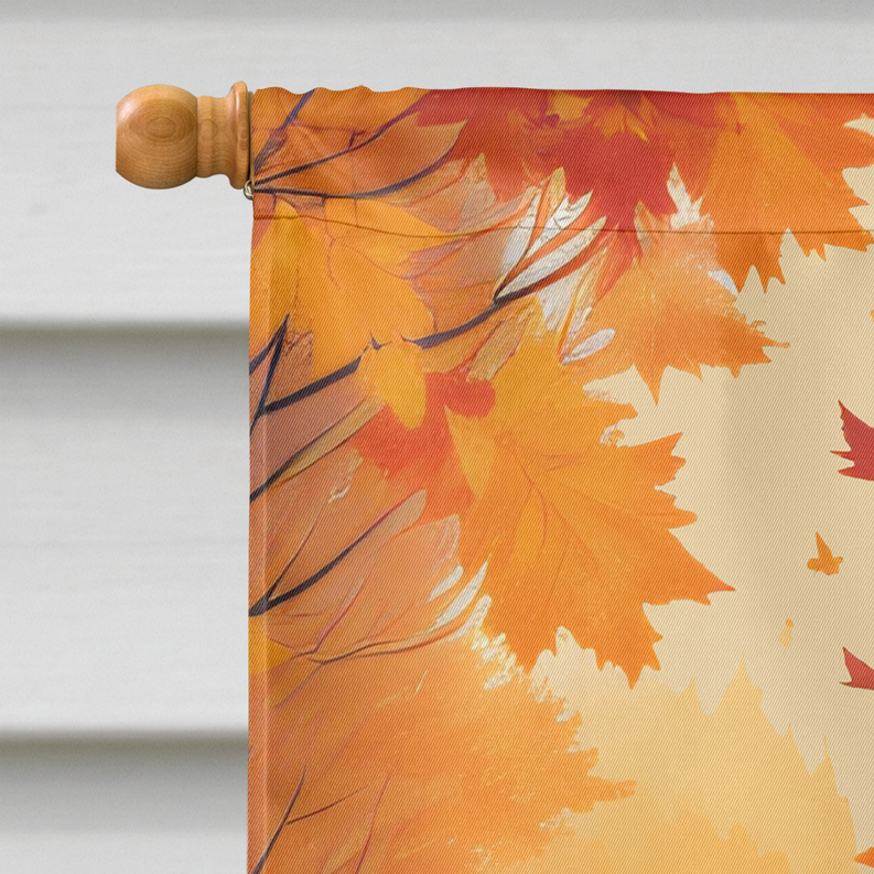 Fall house flag fabric corner with orange maple leaves pattern and wooden hanging rod