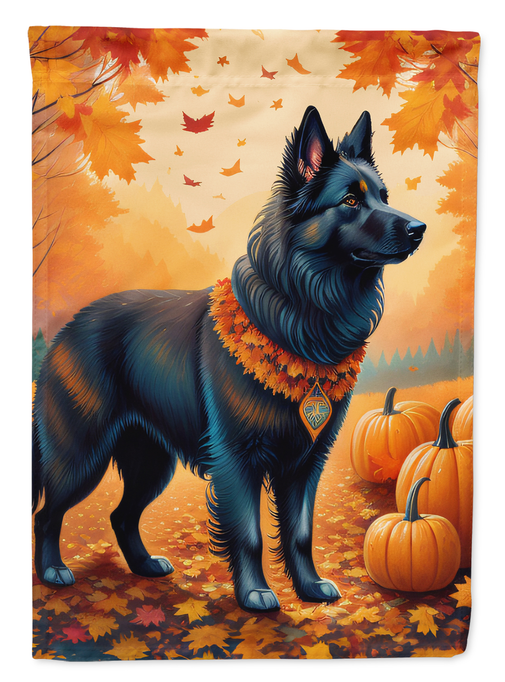Fall house flag with a blue Belgian sheepdog standing among autumn leaves and pumpkins